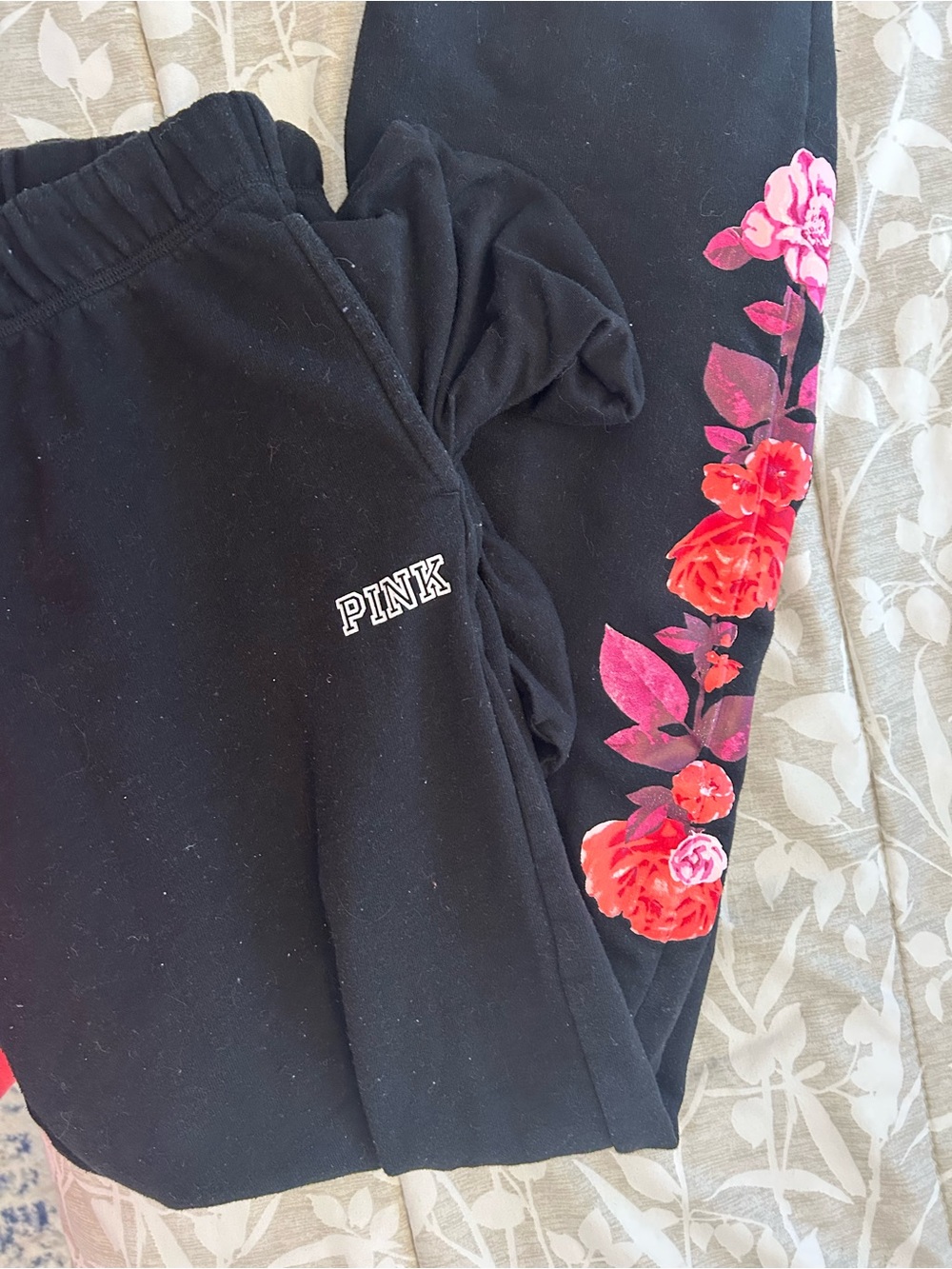 PINK Victoria's Secret Black Sweatpants with Pink & Red Floral Side Print
